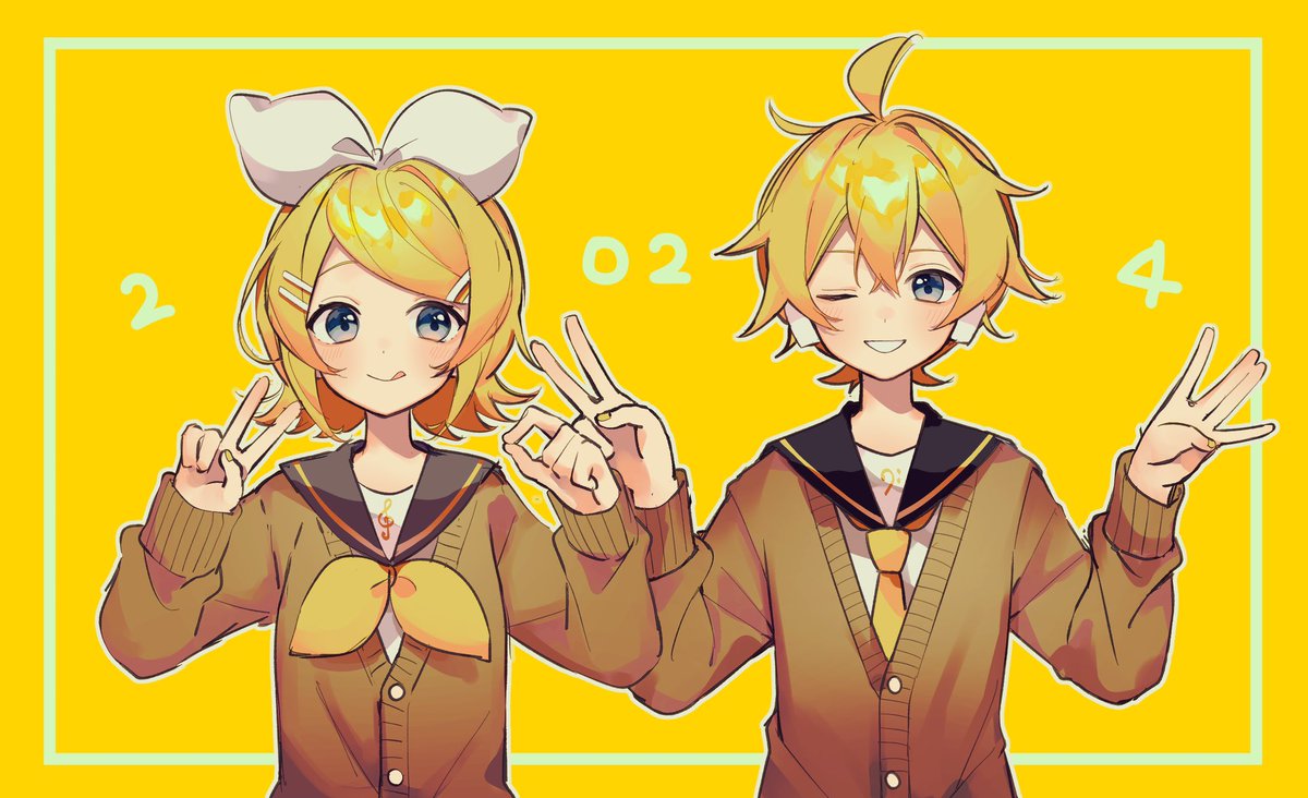 kagamine len ,kagamine rin 1girl 1boy blonde hair one eye closed blue eyes sailor collar bow  illustration images