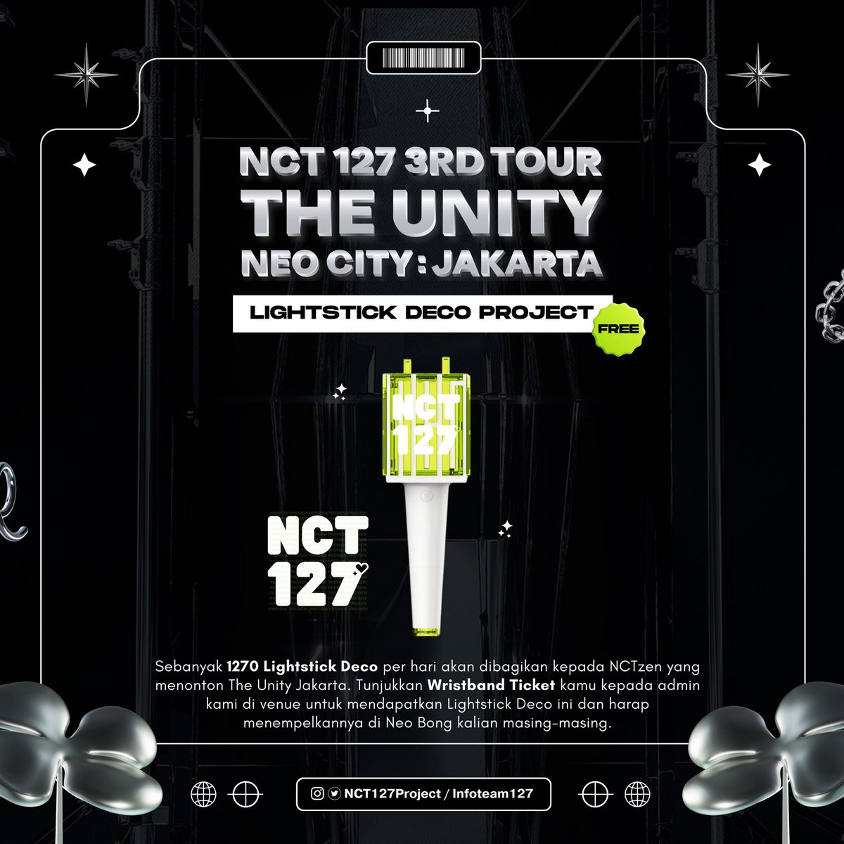 NCT127Project's tweet image. ✨THE UNITY JAKARTA - LIGHTSTICK DECO PROJECT✨

Chilzennie~ ARE YOU READY!💚

Kami akan membagikan 1270 sticker per hari kepada semua NCTzen yang menonton The Unity Jakarta! Don’t forget to capture it and kindly tag us on X✨

#NCT127 #NEOCITY_THE_UNITY_JAKARTA