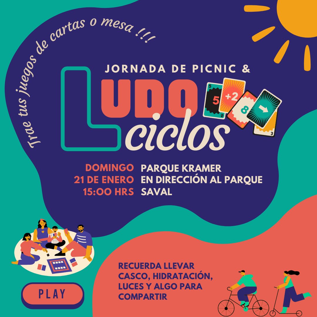Bienvenidos a #Ludociclos, una cicletada con final de juegos de mesa y compartir!
Este domingo 21 nos preparamos en el parque kramer para hacer ruta para el parque saval 🚲‼️
Estan todos y todas invitadas
PD: llevar 500 pesos para la entrada
#Valdiviacl #cicletada #ludo
