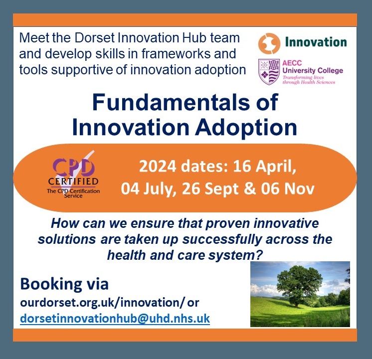 Sandra Courtiour (@scourtiour) on Twitter photo Delighted 2 share booking open for 2024 #DorsetInnovationHub Fundamentals of Innovation Adoption training dates. Great free training focused on developing skills & building knowledge 4 those adopting innovation in health & care. CPD certified <a href="/claire_nadaf/">Claire Nadaf RN DProf</a> forms.office.com/e/3zmZSidu6H Delighted 2 share booking open for 2024 #DorsetInnovationHub Fundamentals of Innovation Adoption training dates. Great free training focused on developing skills & building knowledge 4 those adopting innovation in health & care. CPD certified <a href="/claire_nadaf/">Claire Nadaf RN DProf</a> forms.office.com/e/3zmZSidu6H