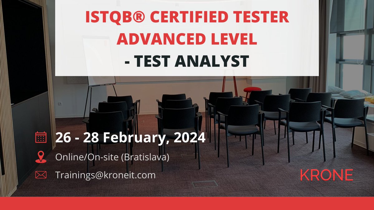 ConsultingKrone's tweet photo. Join us on February 26th - 28th for our upcoming ISTQB® CTAL - Test Analyst training! 
Register for this training 👉 Trainings@kroneit.com
More about training 👉 https://t.co/807idzeeqx https://t.co/KlErSh0BMP