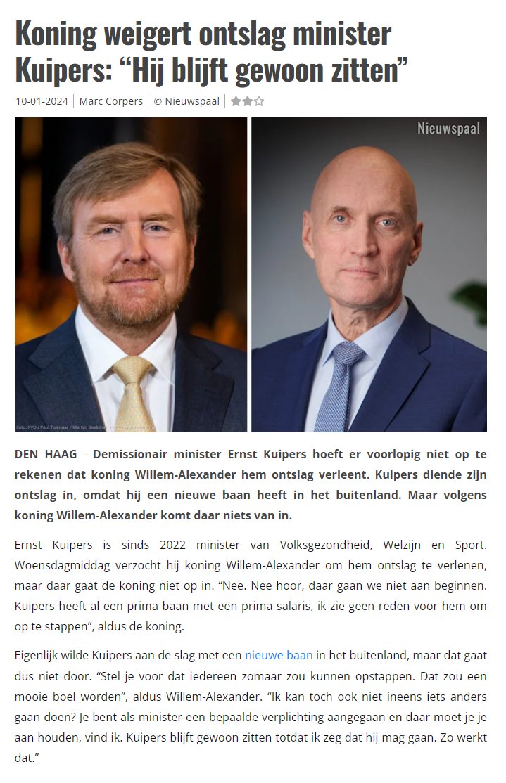 Koning weigert ontslag minister Kuipers: “Hij blijft gewoon zitten”
