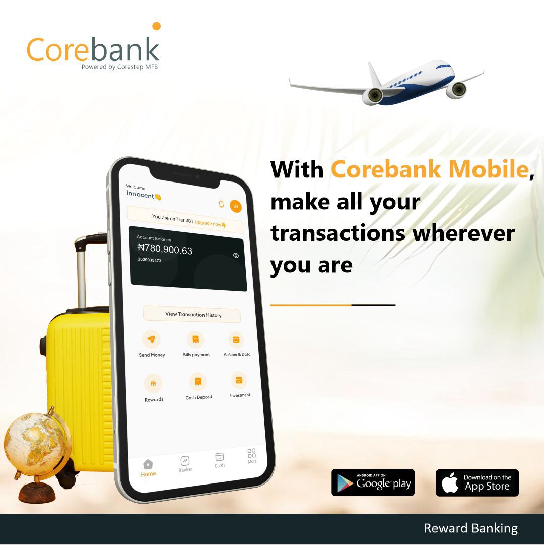 CoreBankNG's tweet photo. At the restaurant or at the mall shopping? Wherever you are the corebank mobile got you covered!
Open an account today. Click https://t.co/D3yufOKsCE to download the App.

#corebank #corebankng #corestepmfb #rewardbanking https://t.co/WplkJBDmoq