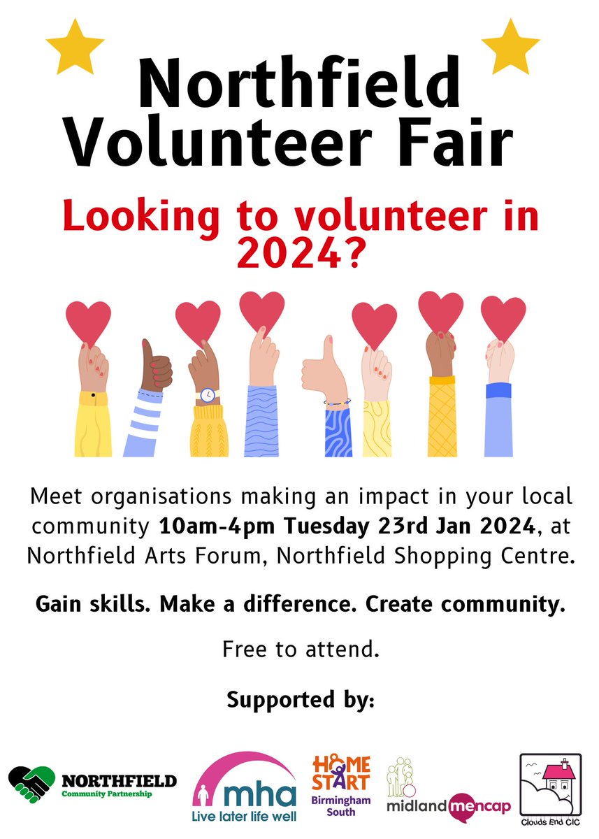 Looking to find your dream volunteering opportunity for 2024? Come along to the Northfield Volunteer Fair to meet organisations making a difference across South Birmingham. Free to attend.