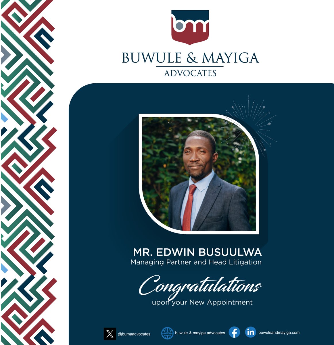 bumaadvocates's tweet photo. Taking over from our founding Partner and outgoing Partner Finance @BuwuleFrancis is our Edwin Busuulwa who has in the past overseen the Firm’s Execution, insolvency, & debt collections practice as well as serving as the deputy head of the Firm’s Intellectual Property practice.