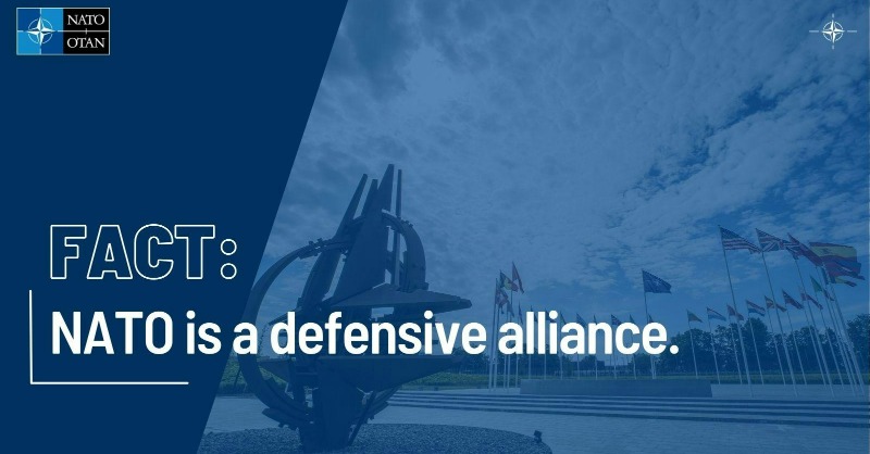NATOpress's tweet photo. ❌ MYTH: #NATO is aggressive.

✅ FACT: NATO is a defensive alliance. It does not seek confrontation and poses no threat to Russia or any other nations. NATO did not invade Georgia, NATO did not invade Ukraine. Russia did.

Check out 🇷🇺 myths about NATO ⤵️