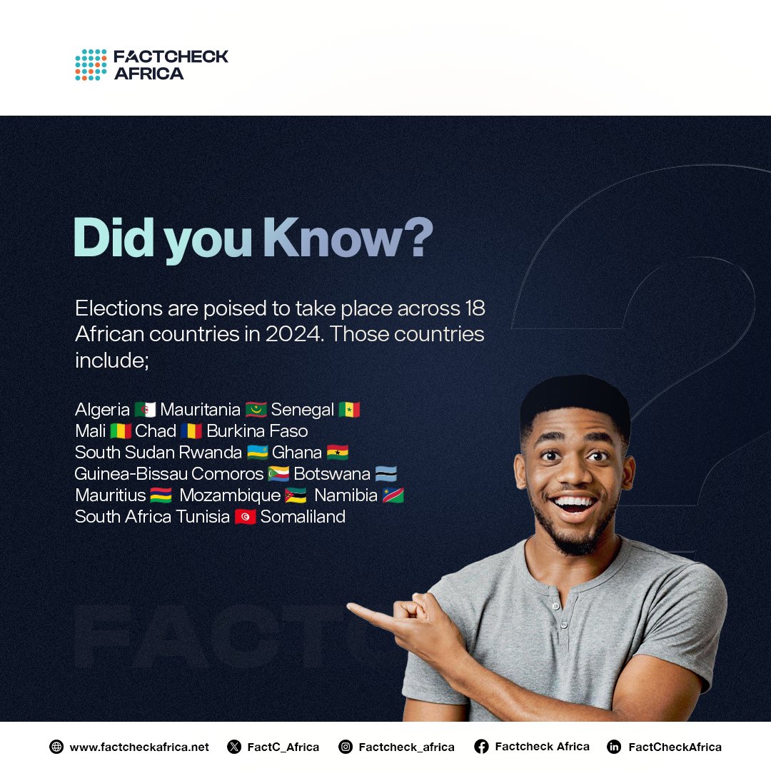 FactC_Africa's tweet photo. Hello there👀

More than a dozen #African countries, including key members of continental peacekeeping &amp; economic organizations, as well as nations with recent histories of military coups overturning democratically elected govts will be holding #elections in 2024.

#DidYouKnow👇 https://t.co/fQU7aZTBzu