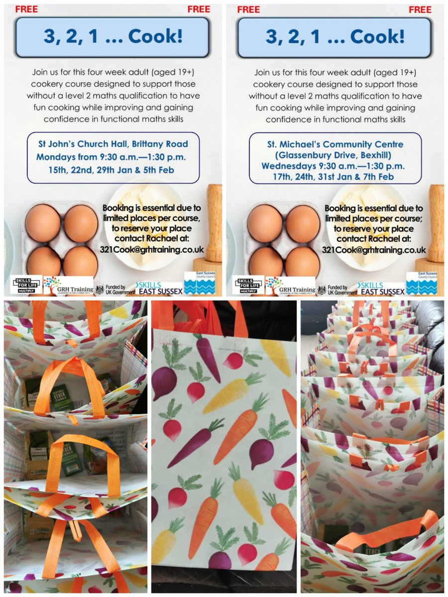 GRHTraining's tweet photo. Loving the new participant goody bags for the upcoming 321Cook! courses starting next week. The last course bags had cakes on (well it was before Xmas), but healthier looking bags to kick off the 2024 courses 👨‍🍳👩‍🍳
#321Cook #Multiply #SkillsEastSussex #StLeonards #Bexhill #1066 https://t.co/AM0fBiPTyu