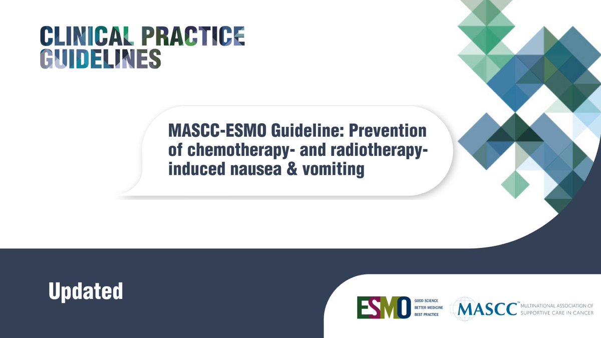 This @CancerCareMASCC and ESMO Guideline update covers emetic risk classification, prevention & management of chemotherapy- and radiotherapy-induced #nausea & #vomiting, two of the most troublesome adverse events for pts treated w/ antineoplastic therapy. ow.ly/us8l50QpUu4…