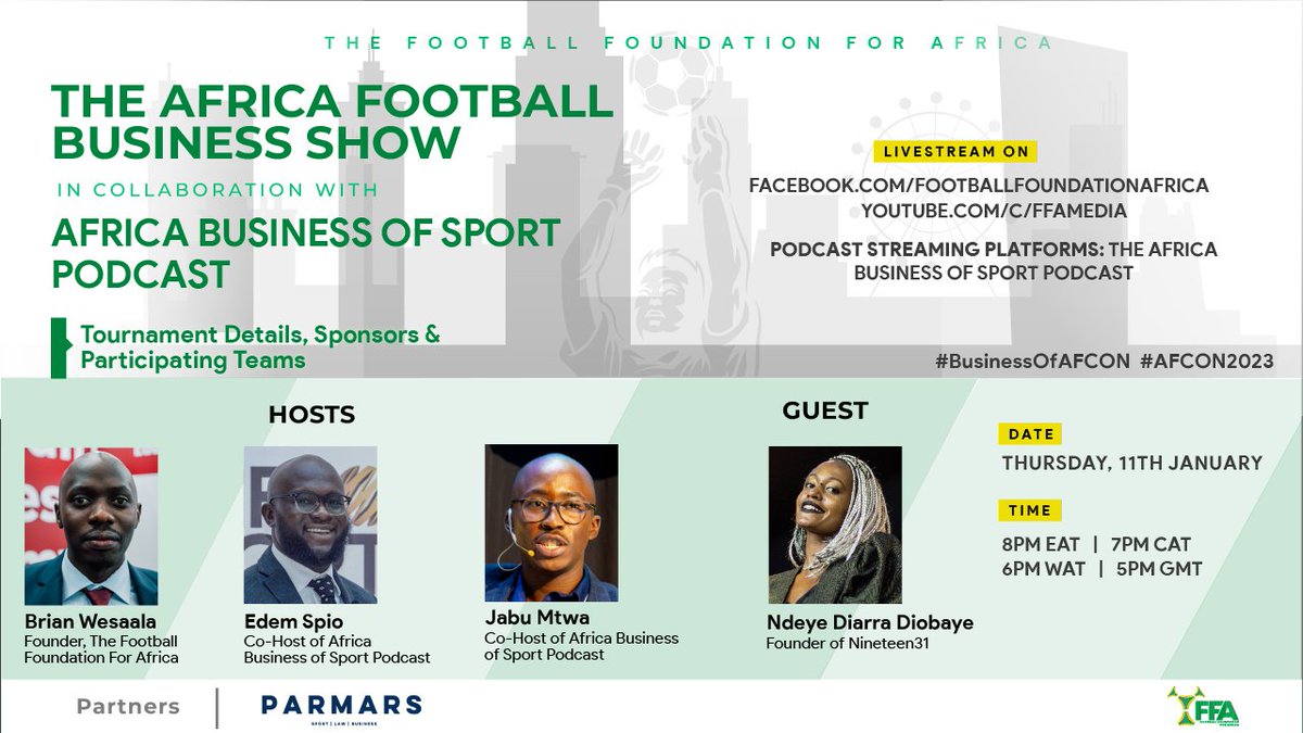 brianwesaala's tweet photo. And we are BACK! Excited to kick off the year with the return of The Africa Football Business Show, this time in collaboration with Africa's #1 sports business podcast, @africaBSP, bringing the #BusinessOfAFCON series. Don't forget to tune in!

#AFBShow #AFCON2023  @TheFFAfrica https://t.co/hIoWaemkpG