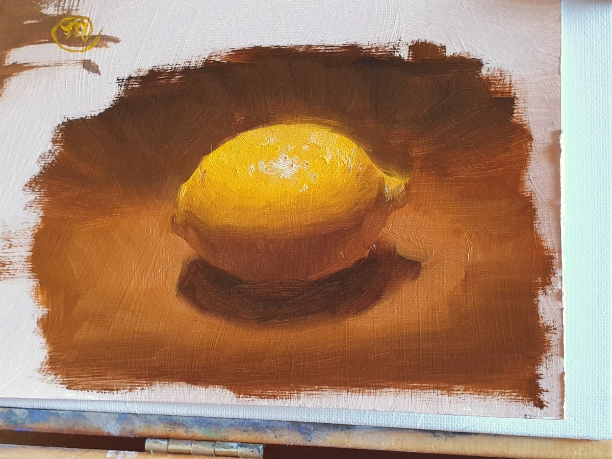 Small lemon oil painting study from life. Just keeping it simple. Also tested hog bristles instead of synthetic brushes. Not sure what to think of it yet. #allaprima #stilllife #fineart
