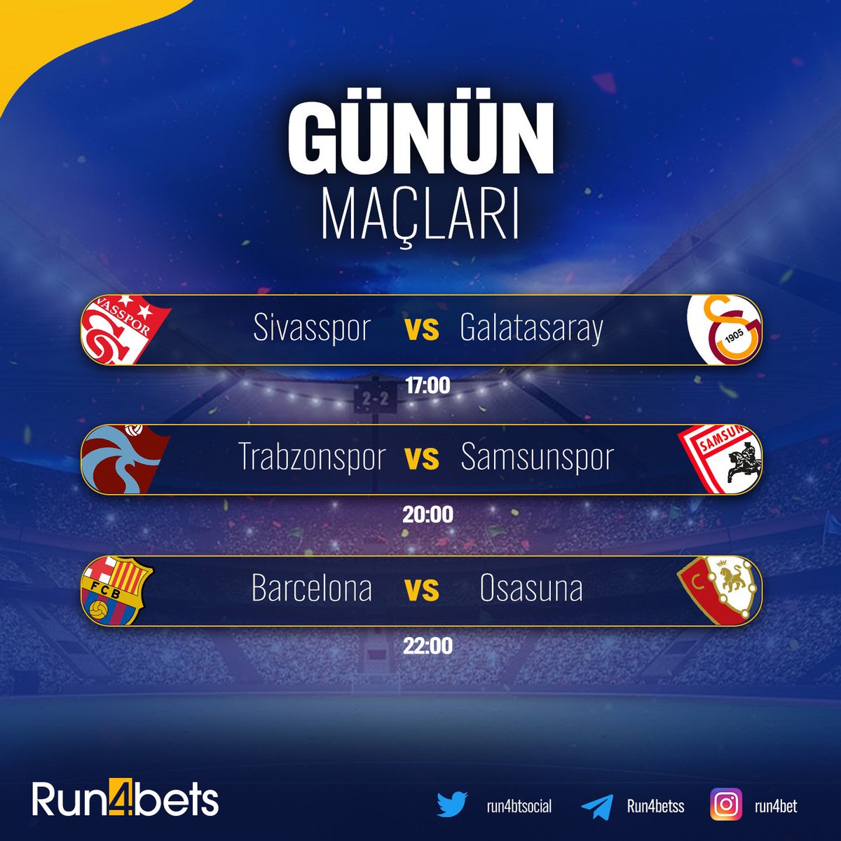 ✔️ Günün Maçları Sizlerle  ✔️

⭐️ Sivasspor - Galatasaray
⭐️ Trabzonspor - Samsunspor
⭐️ Barcelona - Osasuna

📩 Geniş market seçenekleri, ışık hızında çekim ve en yüksek oranlar için takipte kalın !

⚡️ cutt.ly/Run4Bets
