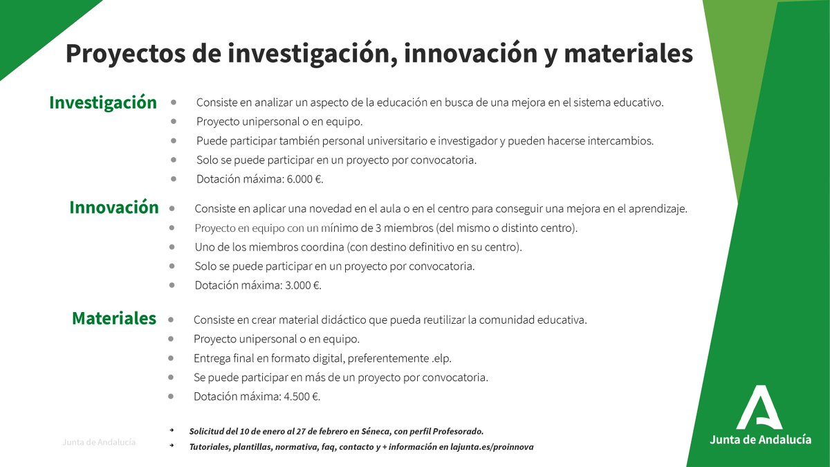 violeta_rei's tweet photo. Resumen de la convocatoria de proyectos de investigación e innovación educativa y de elaboración de materiales curriculares.
📅Del 10 de enero al 27 de febrero.
#InnovaciónEducativa #InvestigaciónEducativa #CreaciónDeMateriales #ABP #EducaAndInnova #PinPivMat
(versión texto 👇) https://t.co/BW2IajRSbX