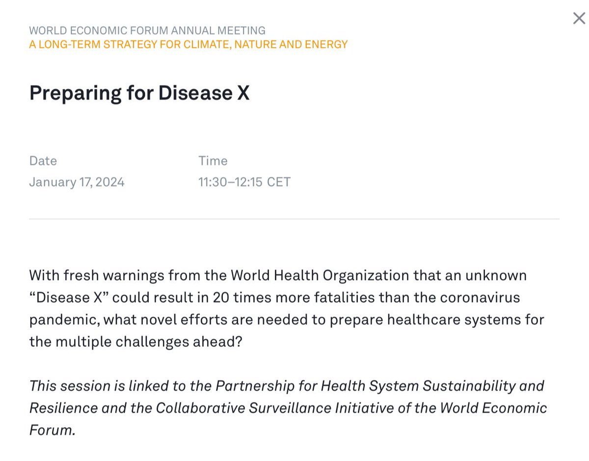 ShadowofEzra's tweet photo. Klaus Schwab and the World Economic Forum will be discussing Disease X on January 17, 2024 as part of their annual meeting. 

“With fresh warnings from the World Health Organization that an unknown “Disease X” could result in 20 times more fatalities than the coronavirus pandemic, what novel efforts are needed?”