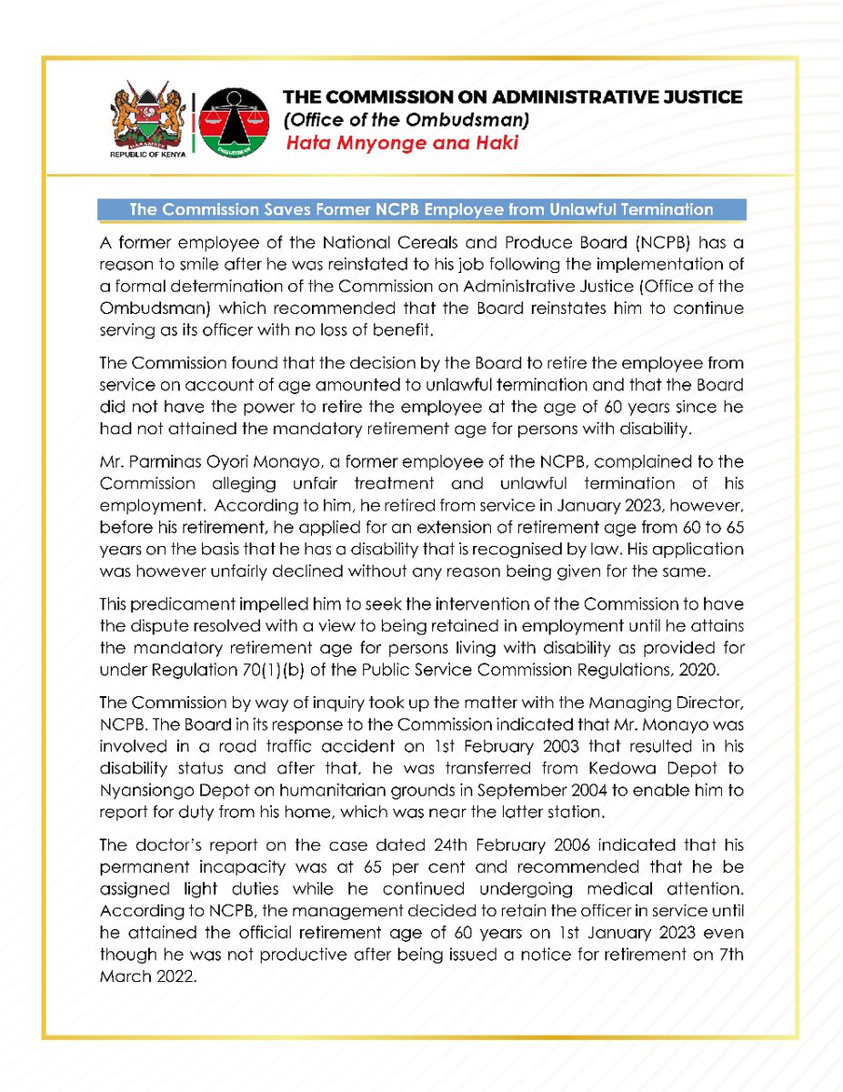 KenyasOmbudsman's tweet photo. The Commission Saves Former National Cereals and Produce Board Employee from Unlawful Termination @KBCChannel1 @KTNNewsKE @citizentvkenya @CitizenDigitalK @StandardKenya @ntvkenya @tv47news @PeopleDailyKe https://t.co/ufzRVmqTIk