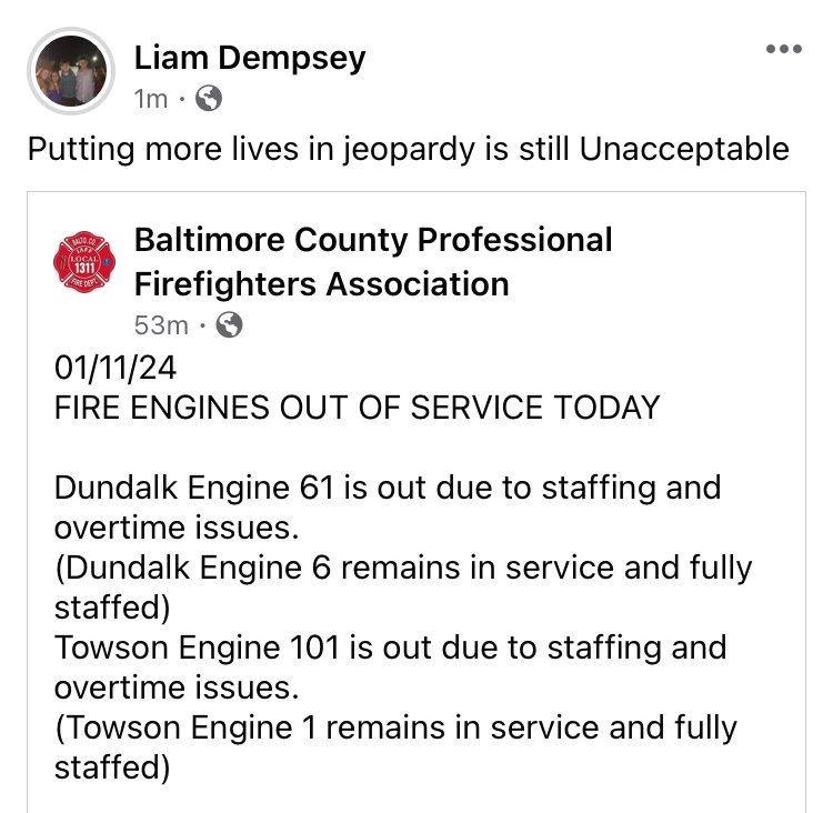 This is very unacceptable 

<a href="/BaltCoFire/">Baltimore County Fire Department</a> <a href="/wjz/">WJZ | CBS Baltimore</a> <a href="/wbaltv11/">WBAL-TV 11 Baltimore</a> <a href="/WMAR2News/">WMAR-2 News</a> <a href="/FOXBaltimore/">FOX Baltimore</a>