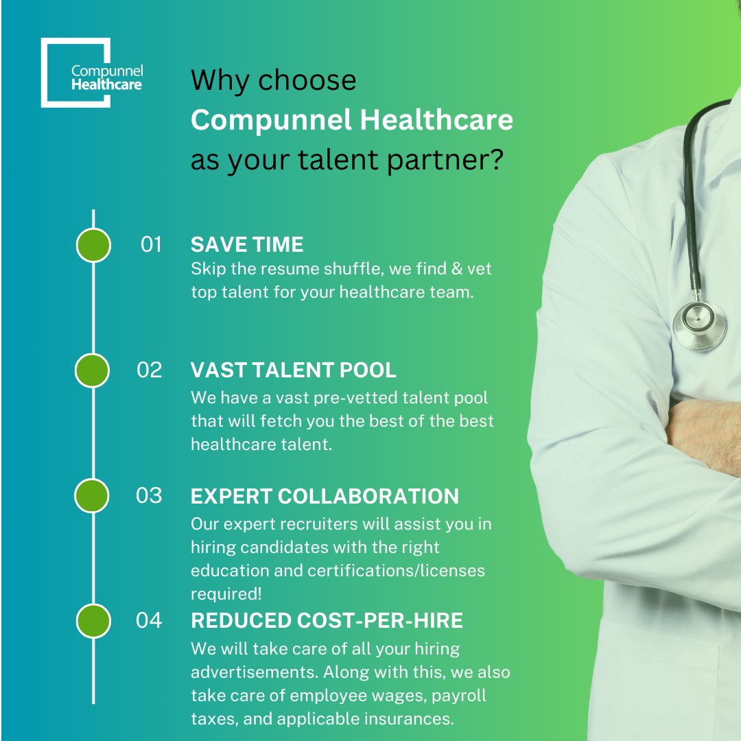 Transform your #healthcare services with Compunnel Healthcare, where exceptional #talent & customized #solutions converge for superior care delivery.

🔗Know more- compunnelhealthcare.com

#nurses #Growth #Collab #services #Professional #Medical #talentpool #USA #ExpertAssistance