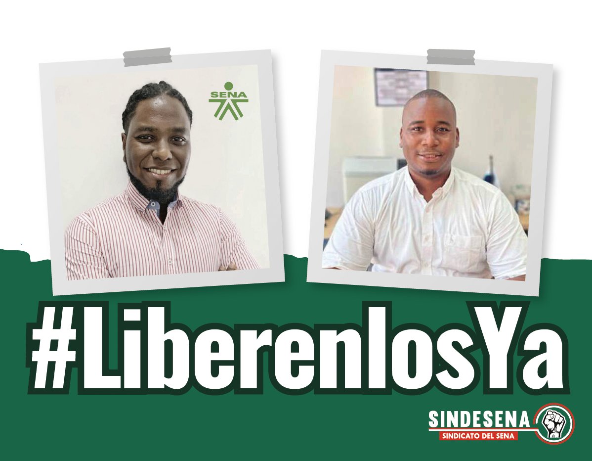 SINDESENABOGOTA's tweet photo. Los trabajadores y trabajadoras del SENA rechazamos los actos que le han quitado la libertad al funcionario del SENA Jefferson Elías Murillo y el registrador Blyderson Arboleda Montañez, pedimos por su pronta liberación  y respeto al derecho fundamental  a la vida #LiberenlosYa https://t.co/nPuML5k6VT