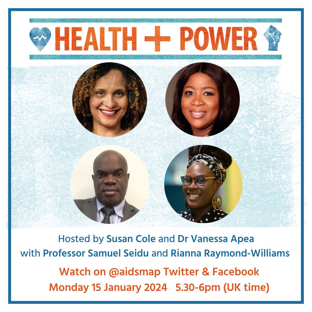 Delighted <a href="/vanessa_apea/">Dr Vanessa Apea</a> &amp; I will be joined by phenomenal guests for #HEALTHandPOWER on Monday 15 Jan: Professor Samuel Seido &amp; Rianna Raymond Williams. We’ll be discussing health inequities affecting people of colour - tune in live 5.30pm for final episode of this series.