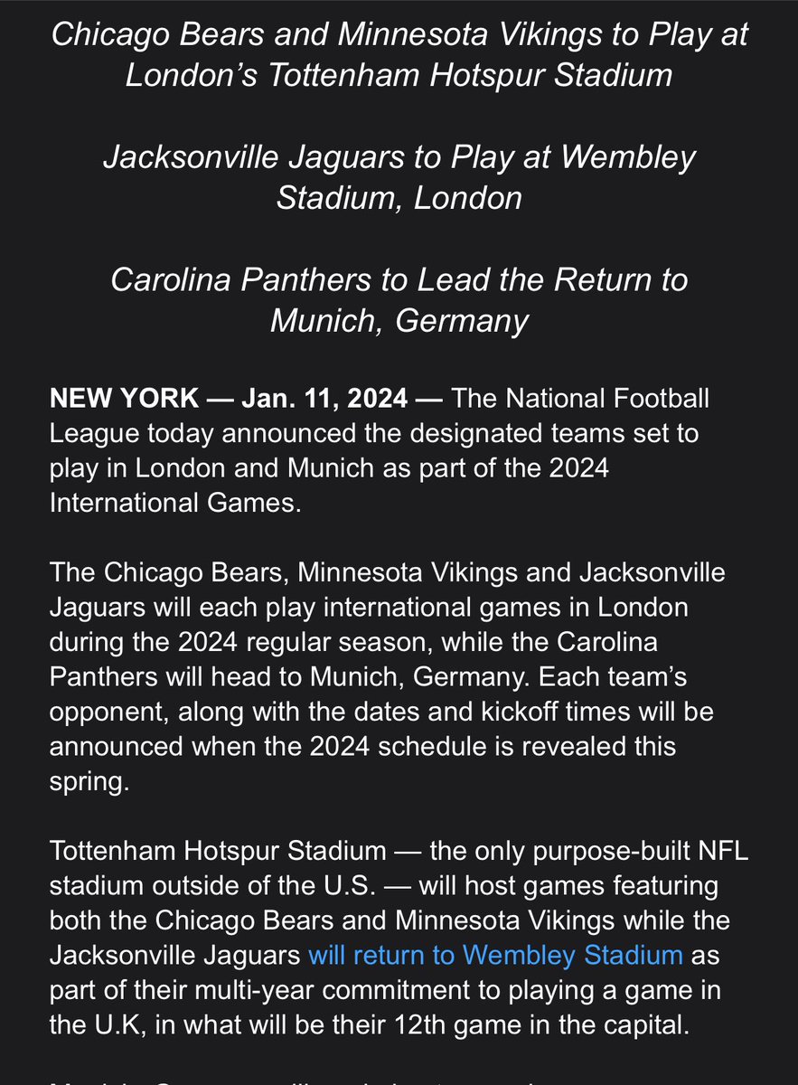 CourtneyRCronin's tweet photo. The Chicago Bears are headed back to London in 2024 and will play at Tottenham Hotspur. This is the first international game for the Bears since 2019. 🇬🇧🇬🇧🇬🇧 https://t.co/sTwCORz75L