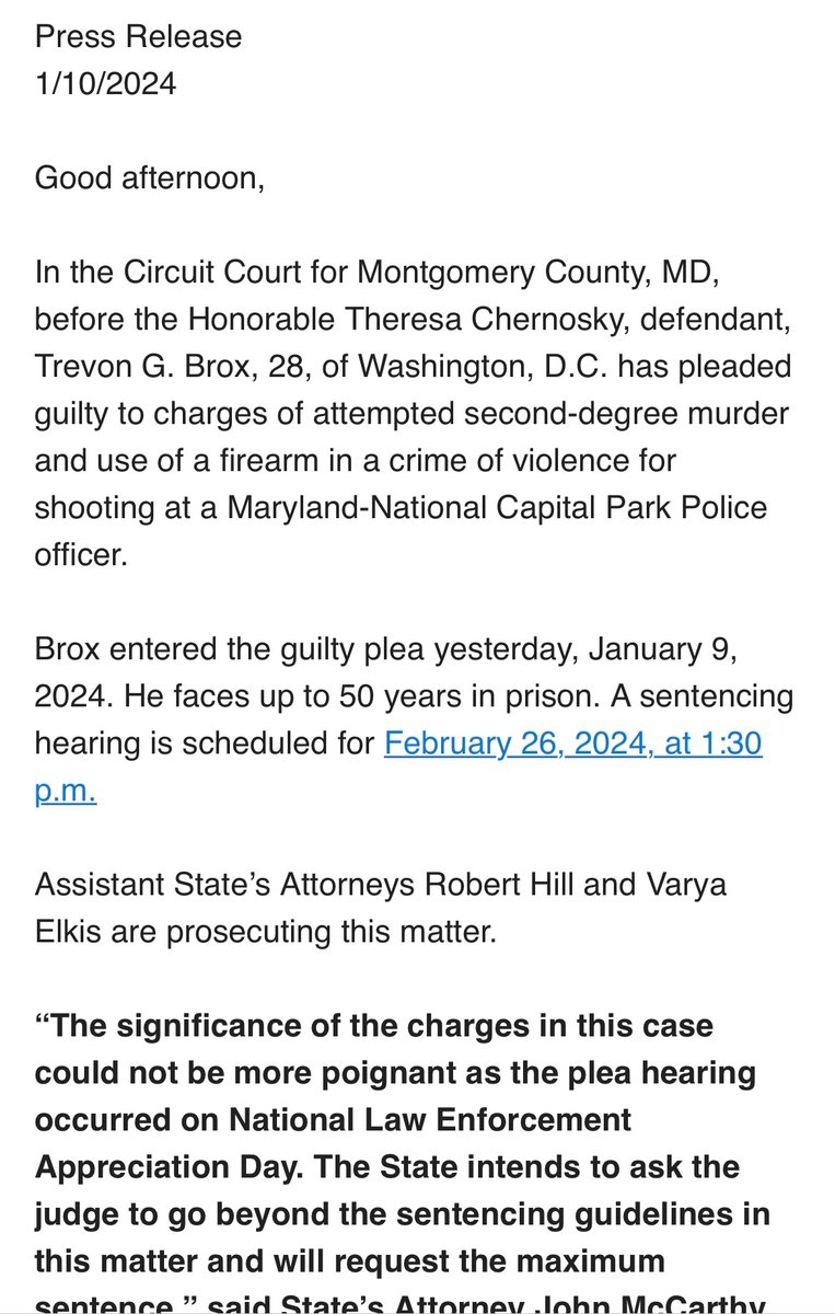 MCSAONEWS's tweet photo. Guilty plea in attempted murder of @ParkPolice officer. 
The significance of the charges in this case could not be more poignant as the plea hearing occurred on #NationalLawEnforcementAppreciationDay https://t.co/Bly1rhBtFW
