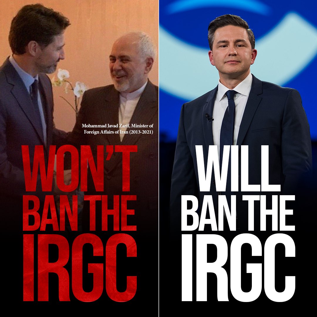 PierrePoilievre's tweet photo. After murdering dozens of our citizens & permanent residents, the IRGC still legally operates in Canada.
Why? Because Trudeau REFUSES to ban the terror group.
Only Conservatives will ban the IRGC and expel regime thugs: https://t.co/FGokztH8Ps https://t.co/eQbjGWQfeT