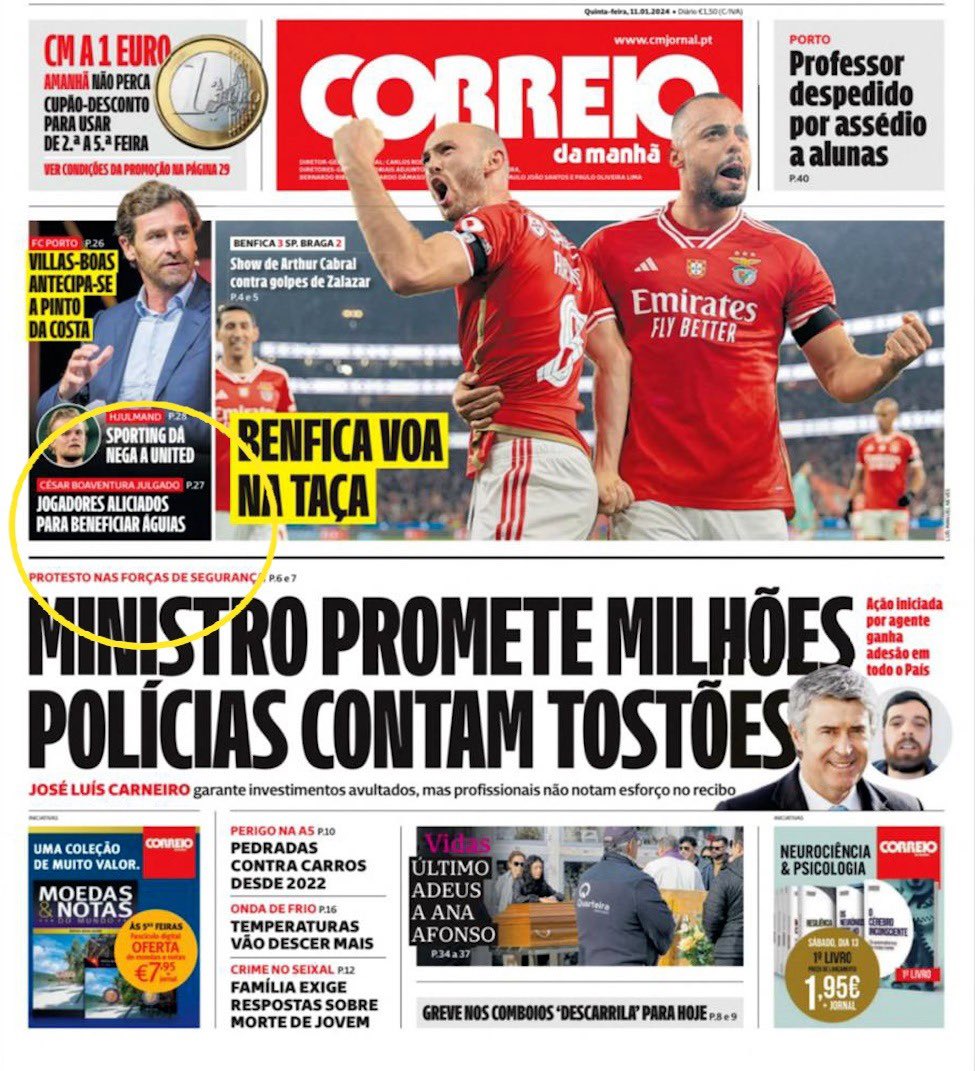 FranciscoMarkes's tweet photo. Leitor de há muitos anos do Correio da Manhã, por razões estritamente profissionais, gostava de chamar a atenção para o erro na capa de hoje. Pela primeira vez na história a manchete vem em letras pequeninas. Só os mal intencionados podem achar que o CM ia disfarçar uma notícia desta importância, até porque toda a gente sabe que no CM não se olha a nomes. 
Deve ter sido um problema gráfico, ou de coluna vertebral.
