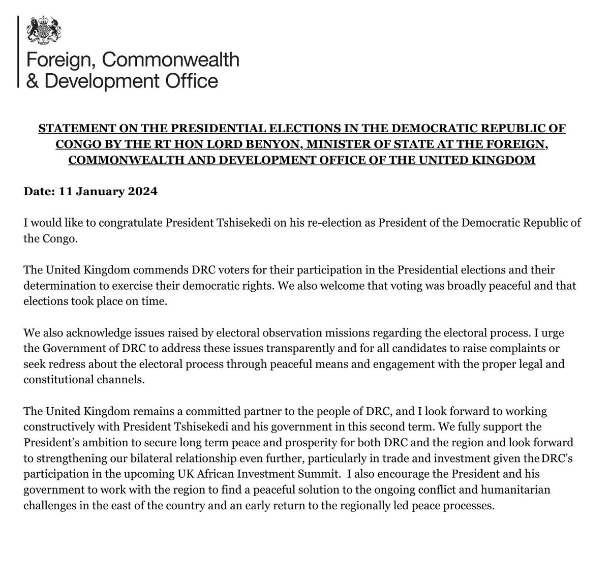 UKinDRC's tweet photo. Suite à la confirmation des résultats de l'élection présidentielle, veuillez trouver une déclaration sur les élections en RDC par Rt Hon Lord Benyon, Ministre d'État au Ministère des Affaires Etrangères, du Commonwealth et du Développement du Royaume Uni:
https://t.co/tz50fJZ5KY https://t.co/moEo6Ha0CW