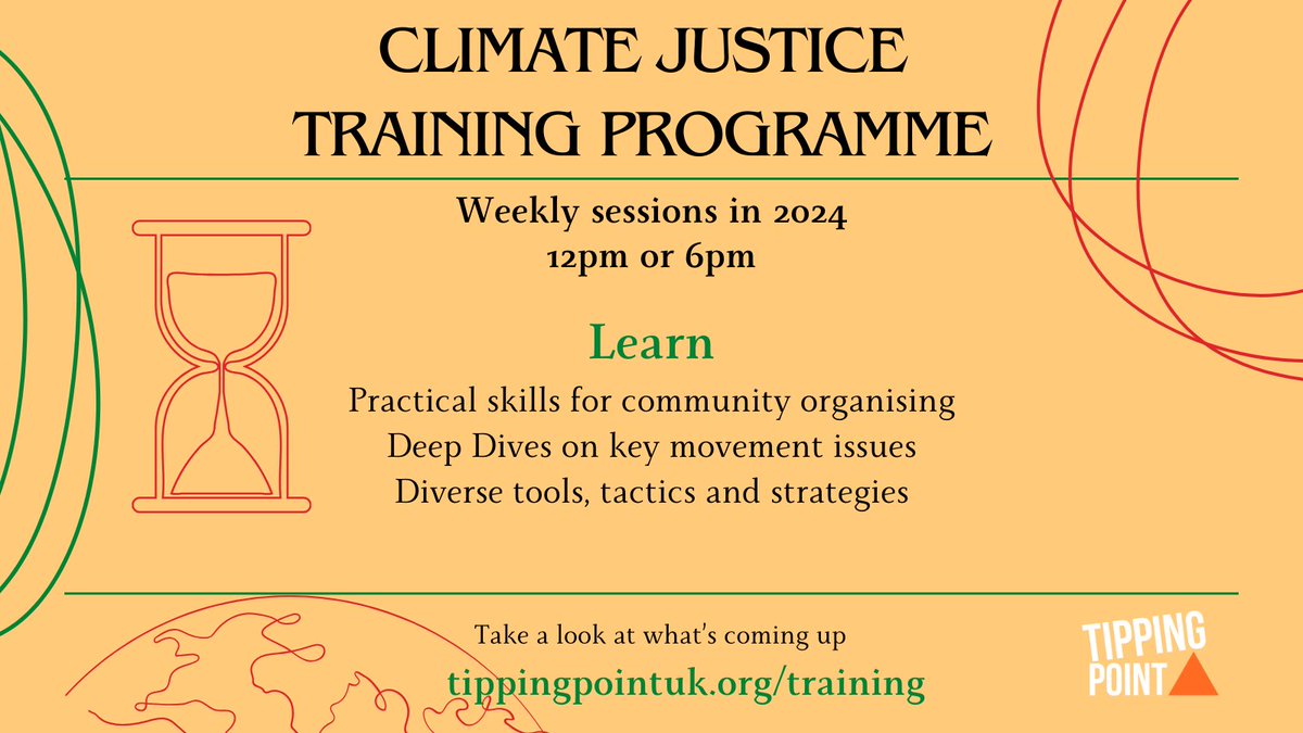 🗳️2024 is a pivotal year for #ClimateJustice

<a href="/TippingPointorg/">Tipping Point UK 🦋 @tippingpointuk.bsky.social</a> will run FREE grassroots group trainings all year – from the basics of climate justice to the nitty gritty of movement power building.

🌐 Online, all welcome.
🗓️ Weekly
🕕 12pm/6pm
tpnt.uk/training/

🧵👇
