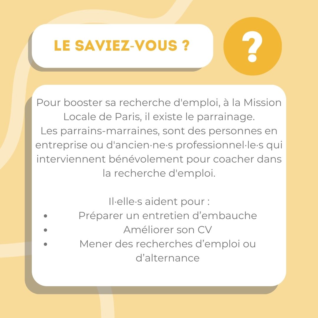 ❓Le saviez-vous ❓ A la Mission Locale de Paris, il existe le parrainage 🤝 Si vous souhaitez bénéficier d'un·e coach : demandez à votre conseiller·ère 😉 #lesaviezvous #benevole #emploi #sociale #parrainage