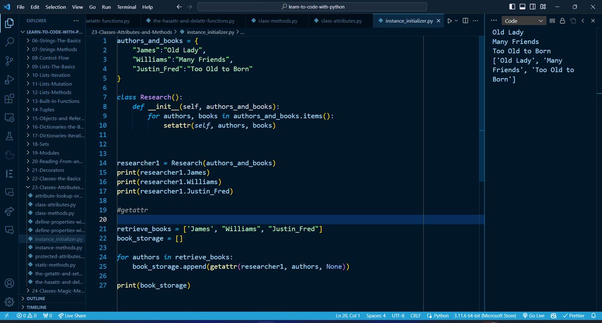 ezeisraeljohn's tweet image. Unlocked the dynamic potential of Python with `getattr` and `setattr` functions! Created a Research class to dynamically set attributes for authors and their books. 📚 #PythonMagic #DynamicCoding #CodingJourney