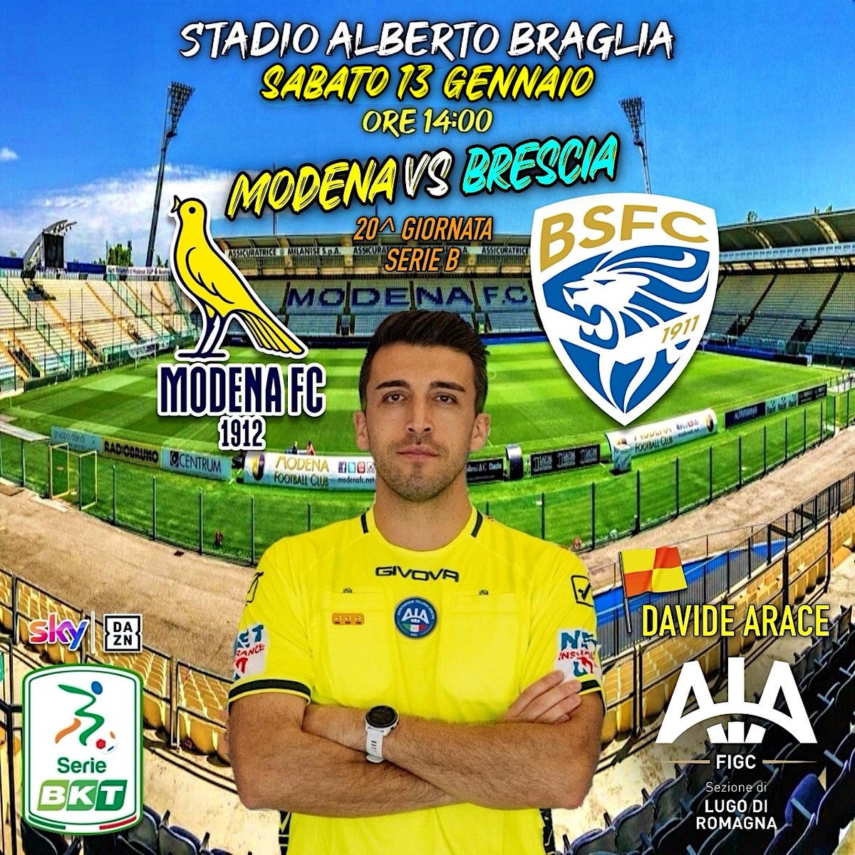 AIALUGO's tweet photo. DAVIDE ARACE è stato designato, in qualità di AA, per la gara di Serie B ⚽️ MODENA vs BRESCIA 📍 Sabato 13 Gennaio ore 14:00 🏟 Stadio "Alberto Braglia" 🍀 #aialugo #arbitri #assistenti #calcio #sport #passione #can #SerieB https://t.co/p5OrL06iuW