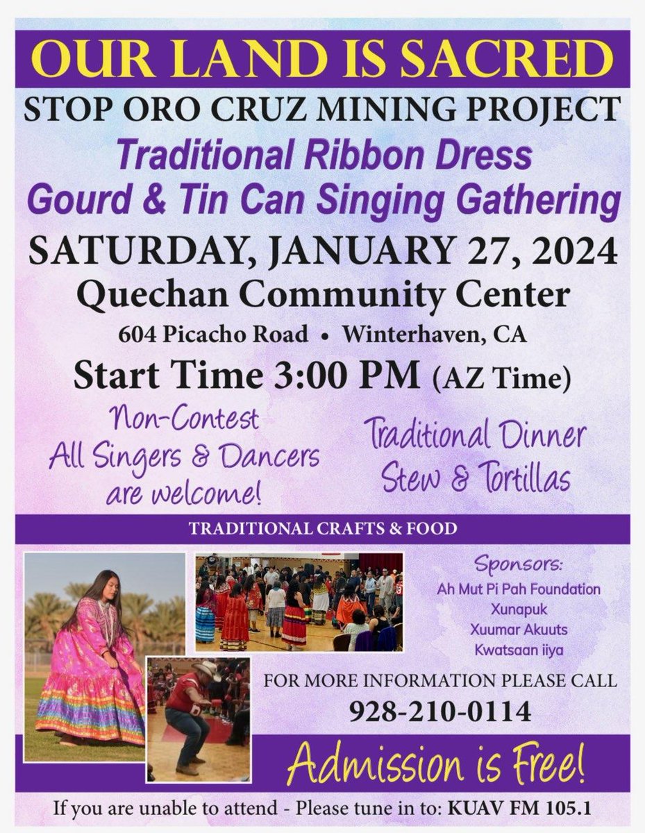 Earthworks's tweet photo. Join us in supporting the #Quechan Tribe in protecting their sacred lands against the proposed Oro Cruz project in Winterhaven, CA on January 27.
#notogoldmining #FPIC #Indigenousrights #Indigenouspeoples https://t.co/pjsnWe4eXZ