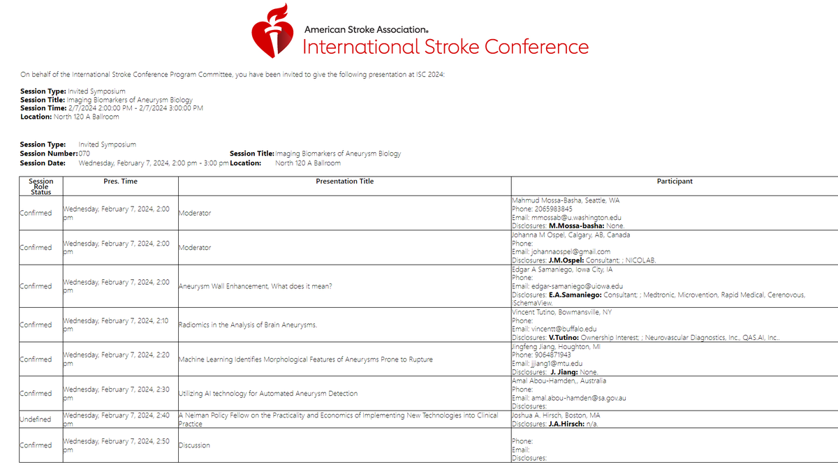 2024 is upon us and on Feb 7th, the @American_Stroke #ISC meeting will feature 'Imaging Biomarkers of Aneurysm Biology' @johanna_ospel @esamaniego @mossabas. I'll be speaking on bringing new technologies into clinical practice @NeimanHPI #quality #safety #SafetyFirst