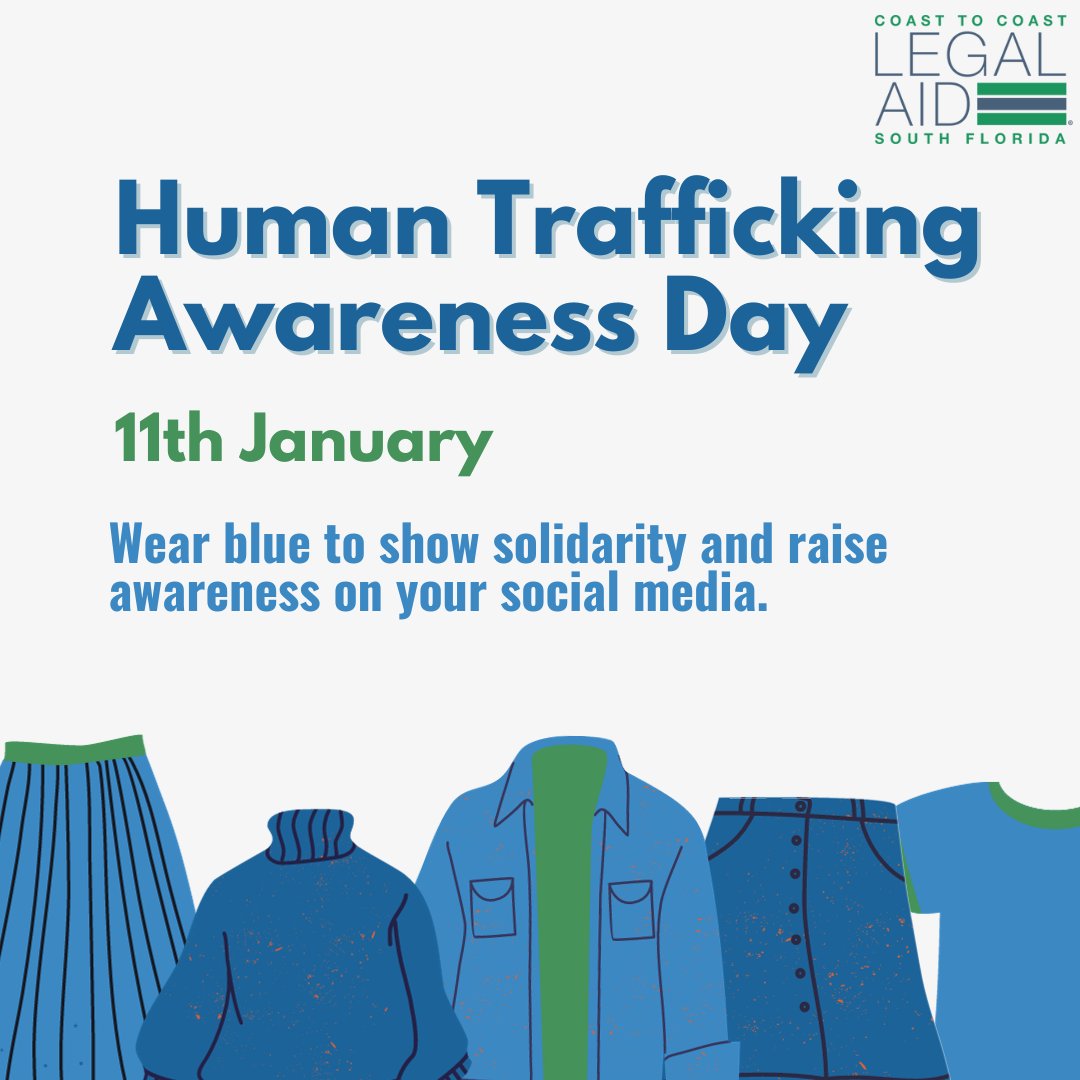 Today is Human Trafficking Awareness Day! Are you wearing blue to help bring awareness?  #HumanTrafficking #HumanTraffickingAwareness #HumanTraffickingPrevention #AntiHumanTrafficking #CCLA #CoastToCoastLegalAid #CCLASFL #LegalAid #EqualJustice #LegalHelp #LegalInformation #Law