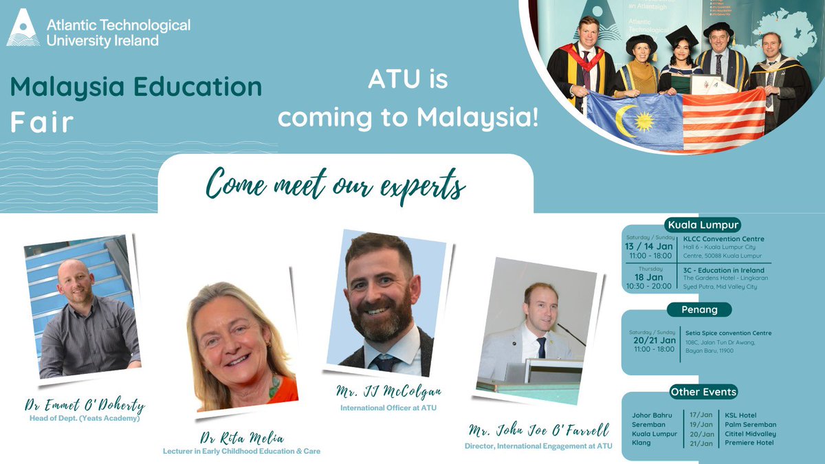 Excited for our first overseas mission of 2024. Always a pleasure to visit 🇲🇾 with academic experts @RitaMelis6 and Emmet O’Doherty @atusligo_ie and JJ from @ATUDonegal_ . We look forward to meeting partner high schools, unis and so many Malaysian students!