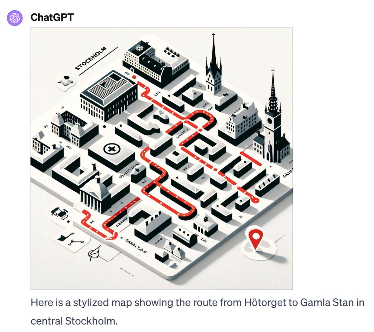 Funny how models like GPT 4 can be super smart in some cases, and super dumb in others. Here I asked it to draw a map between two locations in Stockholm :)