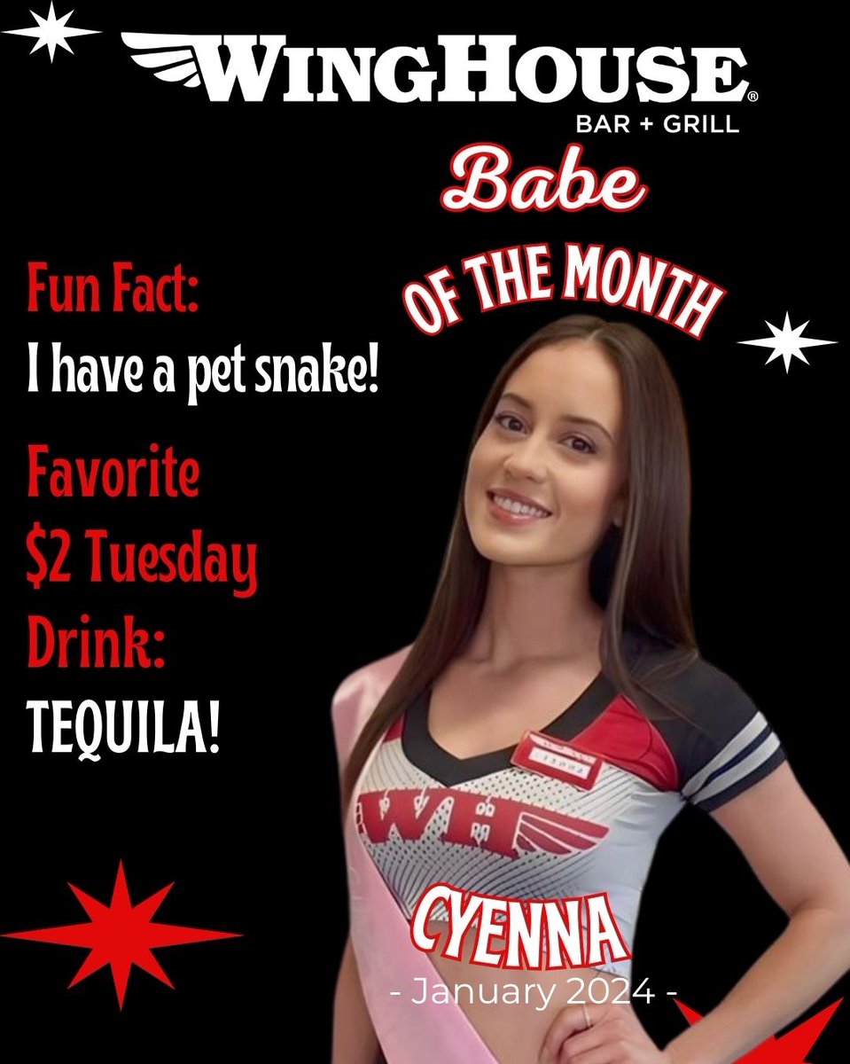 WingHouseGirls's tweet photo. This is Cyenna!
You can find her at our #PalmHarbor location!
Her birthday is January 12.
She loves $2 Tuesday and she has a pet snake.
Come get to know her today!
.
.
.
#WingHouse #MegaBabe #Beautiful #Brunette #WingHouseBabe https://t.co/spygfwE8lv