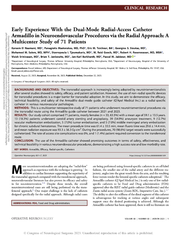 q_apel's tweet image. Don’t miss this latest publication in Operative Neurosurgery highlighting the clinical experience using #Armadillo for neuroendovascular procedures via the #radial approach. 

lnkd.in/e3a2fGSu

#SelectFlex #FullControl #Qapel #AdaptonDemand #OneandDone