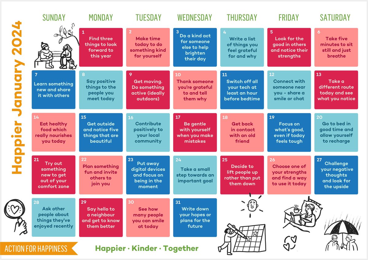 Why not join us in some daily actions to encourage a happier January. Today's action is to 'Switch off all your tech at least an hour before bedtime'. The Happier January Calendar can be found below: 
#RGTrustSchool
#NewTerm
#Happiness 
#Kindness
