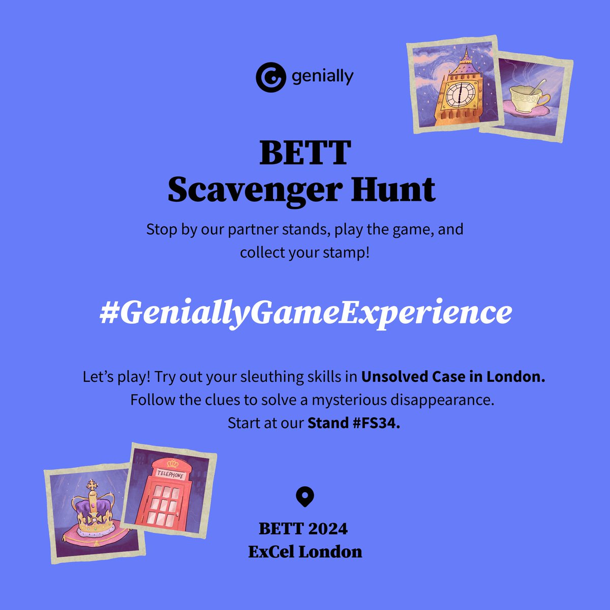 genially's tweet photo. Follow the clues to solve a mysterious disappearance at #BETT2024 🔍🕵️ Play the #GeniallyGameExperience, stop by our partner booths and collect your stamp:
📍@GoogleForEdu : #SE40
📍@Intel: #SJ50
📍@Adobe: #SM63
📍@edpuzzle : #SG54
📍@ibookwidgets: #NC50
📍Genially: #FS34 https://t.co/Be9QMf3h2Q