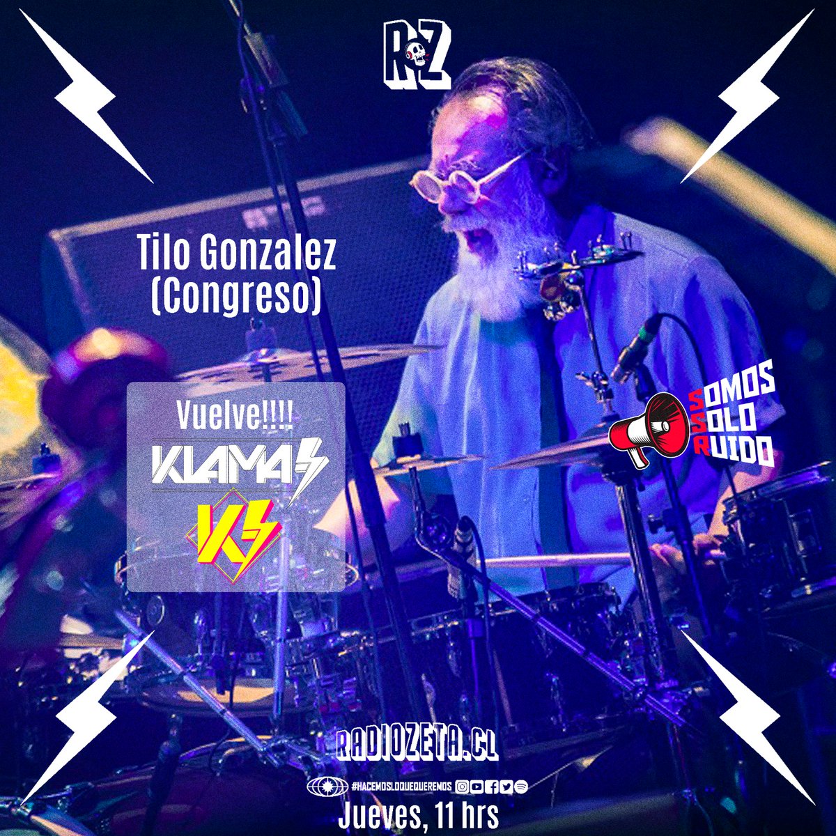 Hoy en #SomosSoloRuido estaremos conversando con Tilo González, baterista, fundador y compositor de <a href="/GrupoCongreso/">Congreso</a> 

En el segundo bloque se nos conectan los amigos de Klama Cultura, quienes vuelven con un gran evento.
Te leemos desde las 11am siempre por la <a href="/RadioZeta_cl/">RadioZeta</a>