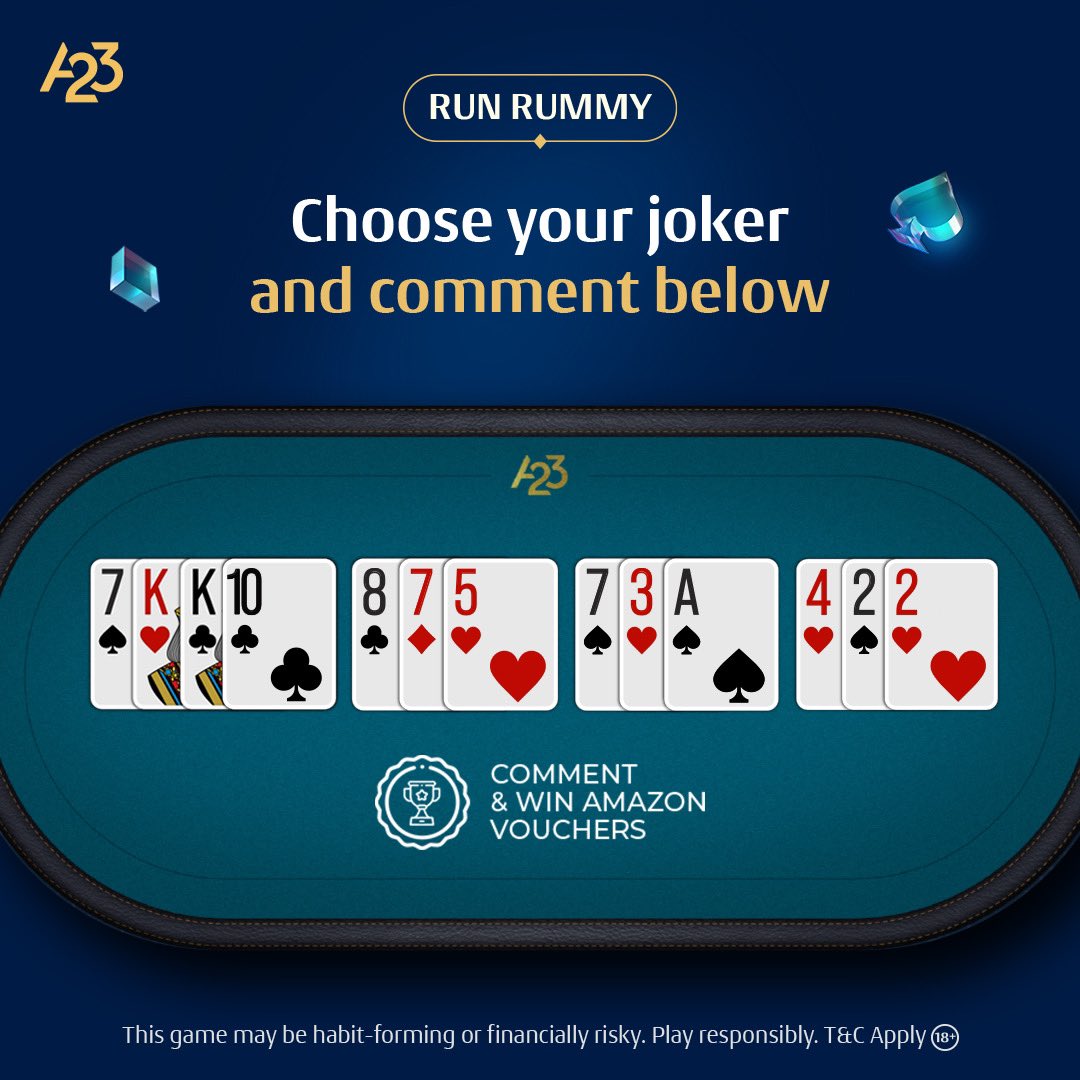 A23Games's tweet photo. #ContestAlert 📢📢It’s Run Rummy time. Choose the most suitable joker in this hand and stand a chance to win a gift voucher. Comment your choice of joker after making valid sequences and sets. 

The comment with the most suitable joker and the highest number likes win an Amazon voucher

#RunRummy #A23Rummy #A23 #Contest #ChaloSaathKhelein #LetsPlayTogether #Contests