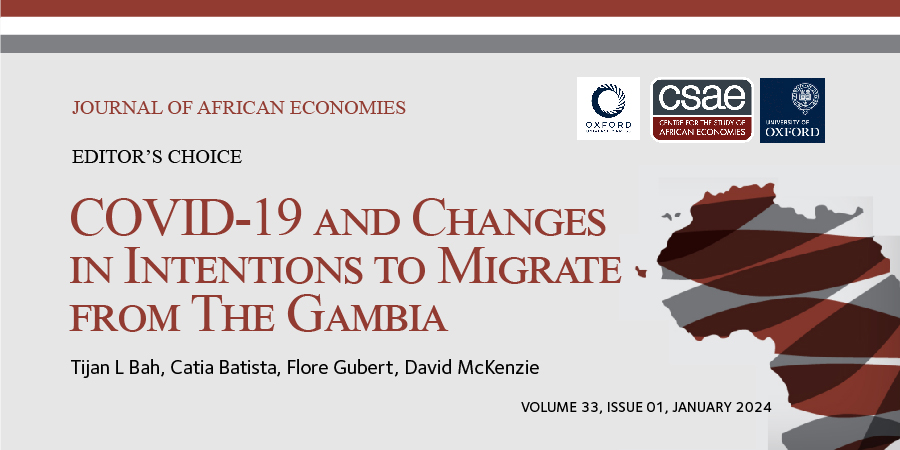 📚The CSAE’s #JournalofAfricanEconomies January 2024 issue's editor’s choice is: ‘COVID-19 & Changes in Intentions to Migrate from The Gambia’. 🖋️@tijanl, @cbatista_econ, @GubertF, @dmckenzie001 Read it here: doi.org/10.1093/jae/ej… @OUPEconomics #EconTwitter