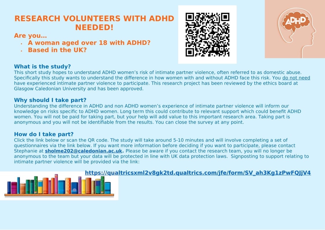 Holmes_S77's tweet photo. If you are a UK based woman with ADHD, please consider participating in my research. 📊✏️ This study focuses on intimate partner violence and takes around 5 minutes to complete. Link: https://t.co/gBMu9NngW5 https://t.co/Y9KjeHjvMG