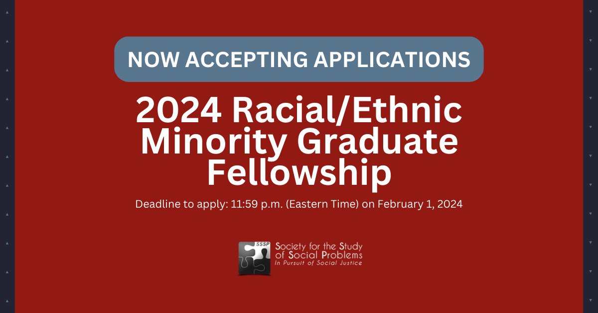 Apply by February 1, 2024 for the 2024 Racial/Ethnic Minority Graduate Fellowship. Two students will be awarded a $15,000 fellowship with an additional $500 awarded for attendance at the SSSP 2024 Annual Meeting. Learn more and apply: sssp1.org/index.cfm/m/26…