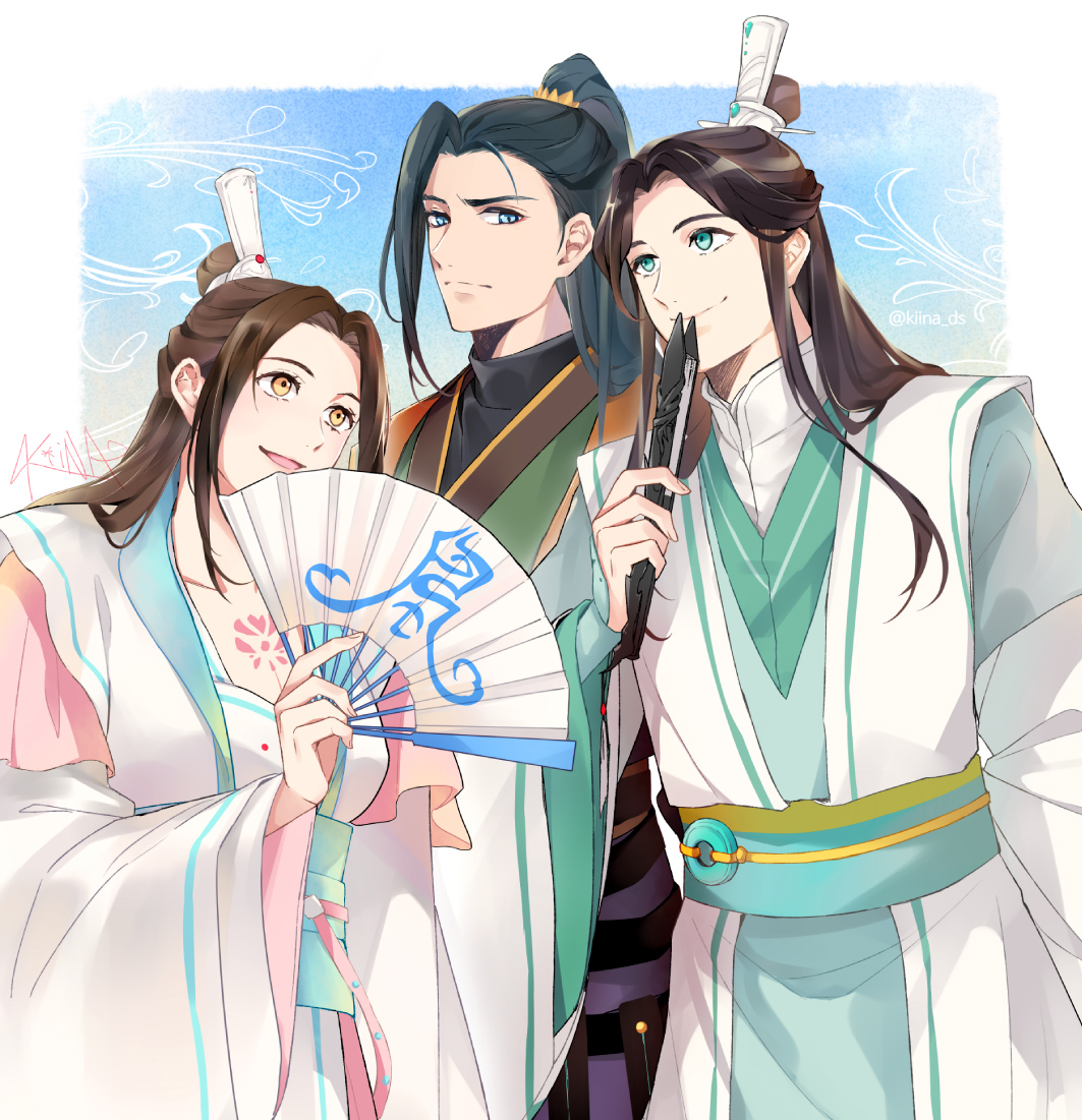2boys multiple boys hand fan 1girl chinese clothes hanfu holding fan  illustration images