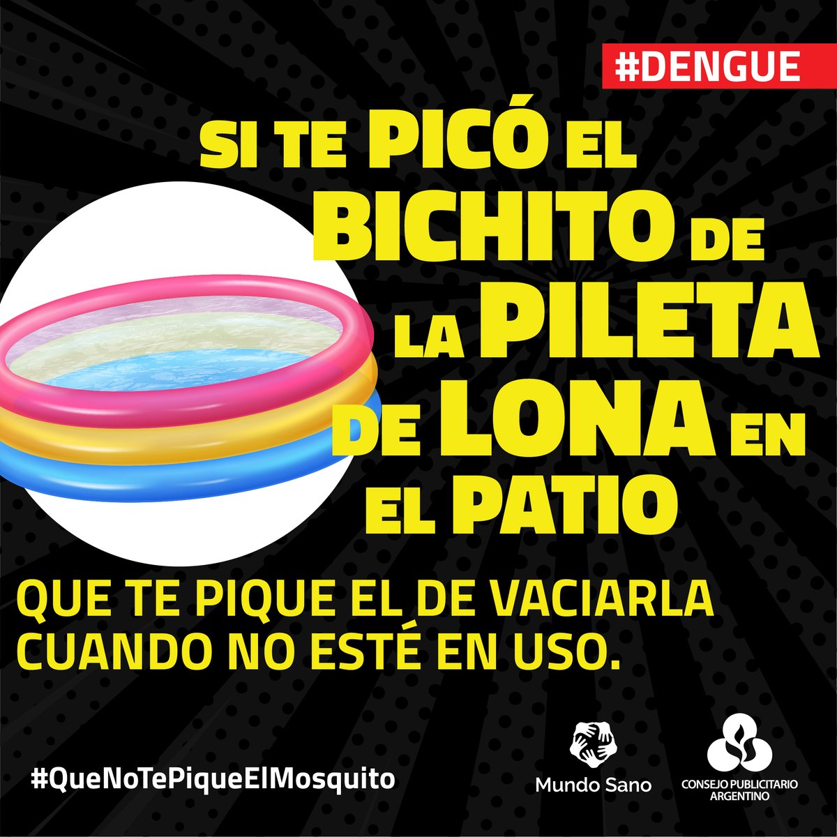 consejopublarg's tweet photo. Las piletas de lona abandonadas y con poca agua suelen ser uno de los lugares más propicios para la reproducción del mosquito. Por eso es importante que las mantengas llenas y con cloro🤽🏼💦, limpies 🧽frecuentemente los bordes con un cepillo y renueves diariamente el agua. https://t.co/Yohnz8E6G2