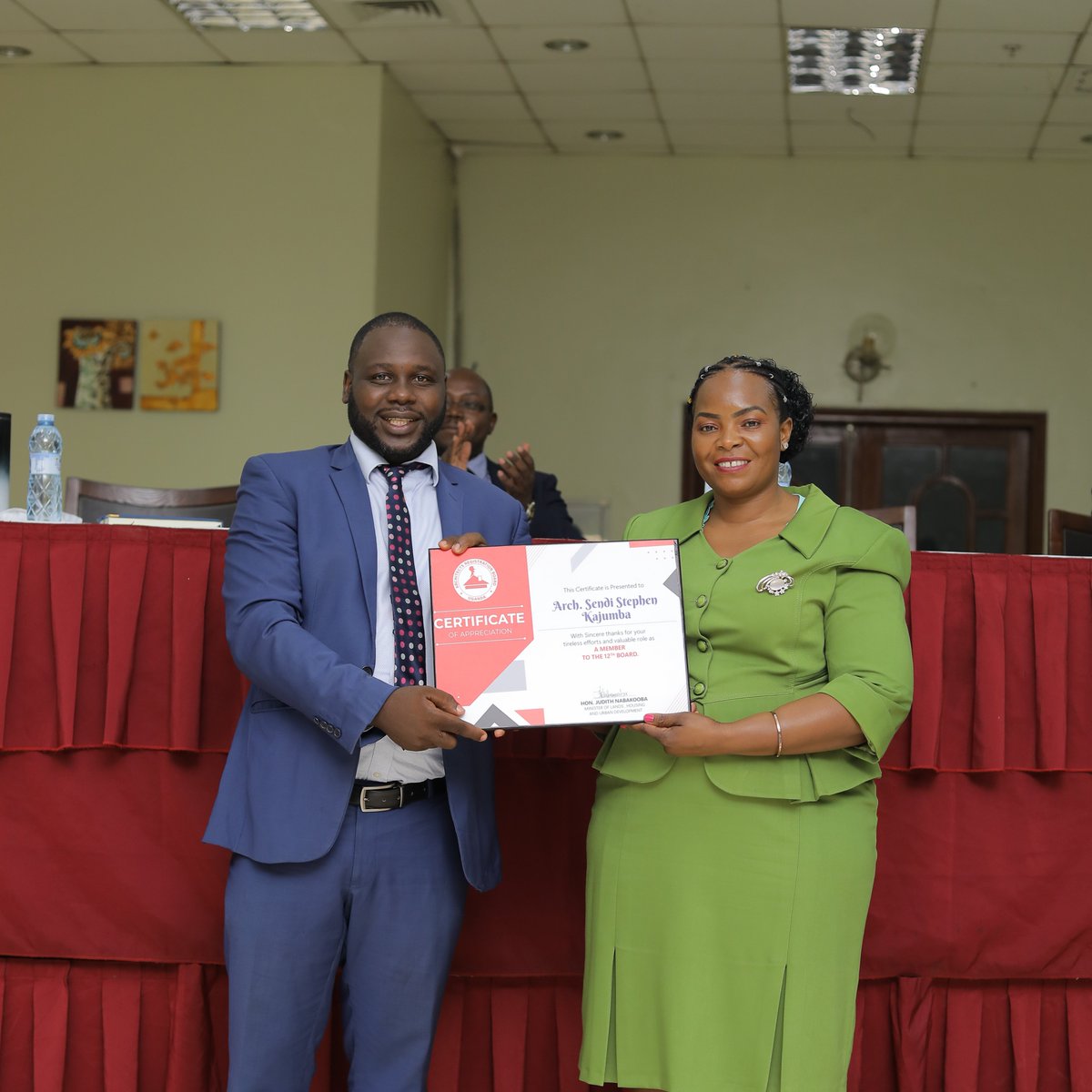 Out going members of the Board Architects @VernaBush @JacintaKabs @WahabNyanzi @SendiKajumba receiving their certificates of appreciation from the guest of honor Hon. Persis Namuganza. @ministry_lands @ERBUganda @SRB_Uganda @UgArchSociety
