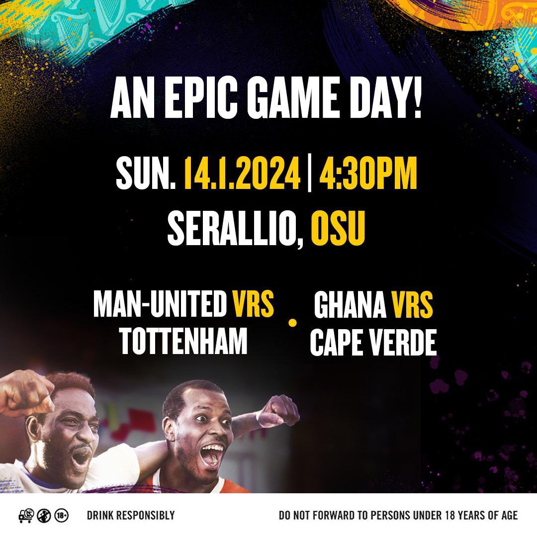 serallio's tweet photo. We start the year with #MatchdayAtSerallio on Sunday, January 14th, at 4:30 PM, featuring the live telecast of Manchester United vs. Tottenham, followed by Ghana vs. Cape Verde. It's a FREE event with FREE drinks. RSVP through this link. https://t.co/J9mnhNdQi6

See you soon 🥳🥳 https://t.co/0frxP0Oyhl